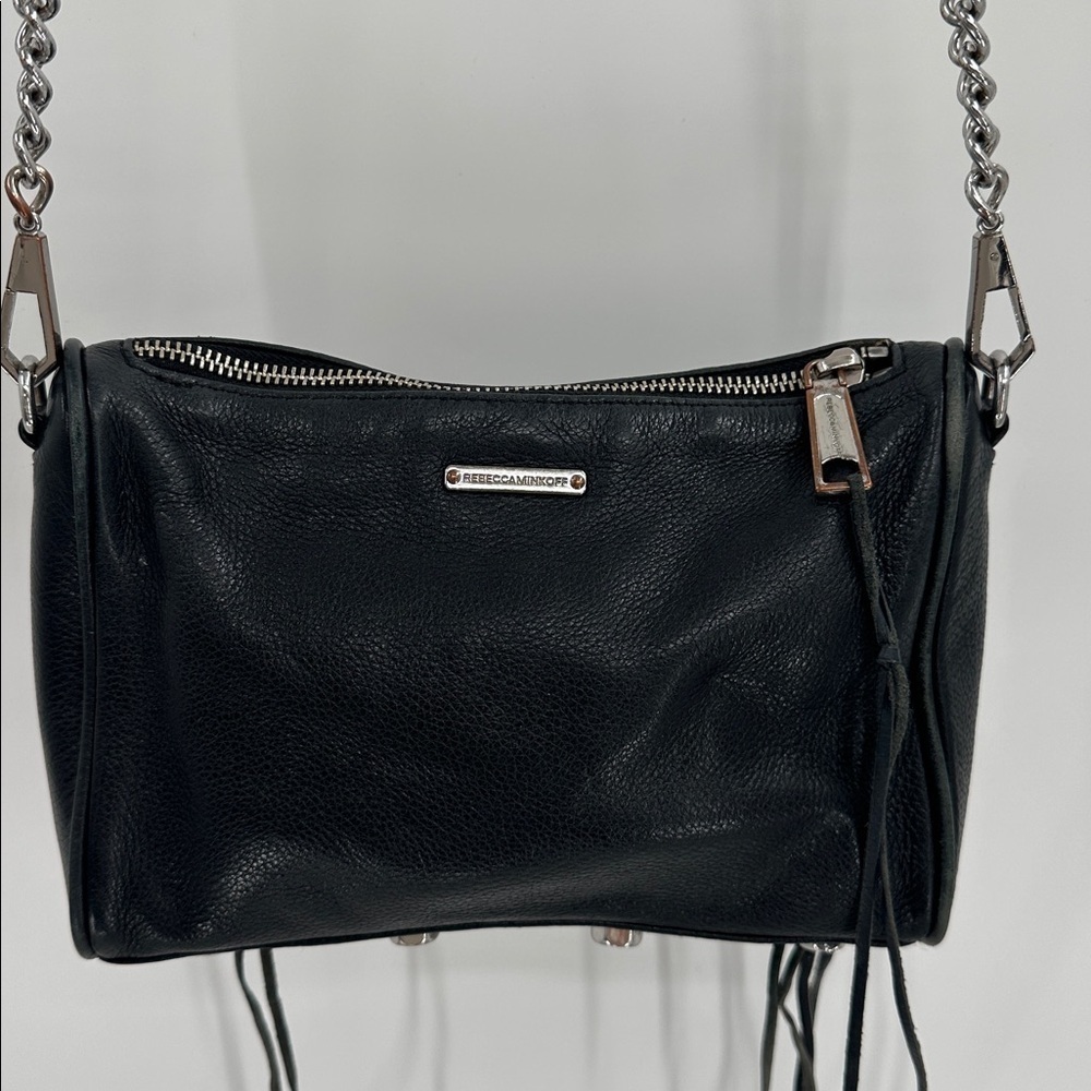Rebecca Minkoff Black Leather Fringe Crossbody Bag With Silver Chain Strap - Picture 2 of 11